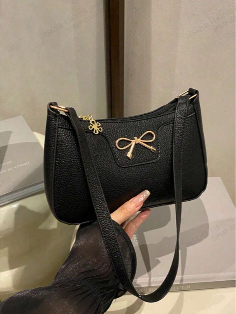 1件優雅女款新月形單肩包,休閒時尚人造皮革腋下包,聚酯纖維內裡,純色拉鍊手提包,適合各種場合 - 黑色 - 查看 1
