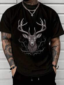 Cabeza de majestuoso ciervo con grandes astas que simbolizan fuerza nobleza y conexión con la naturaleza transmitiendo serenidad y poder interior camiseta de hombre 100% algodón 220g - Negro - Ver 1