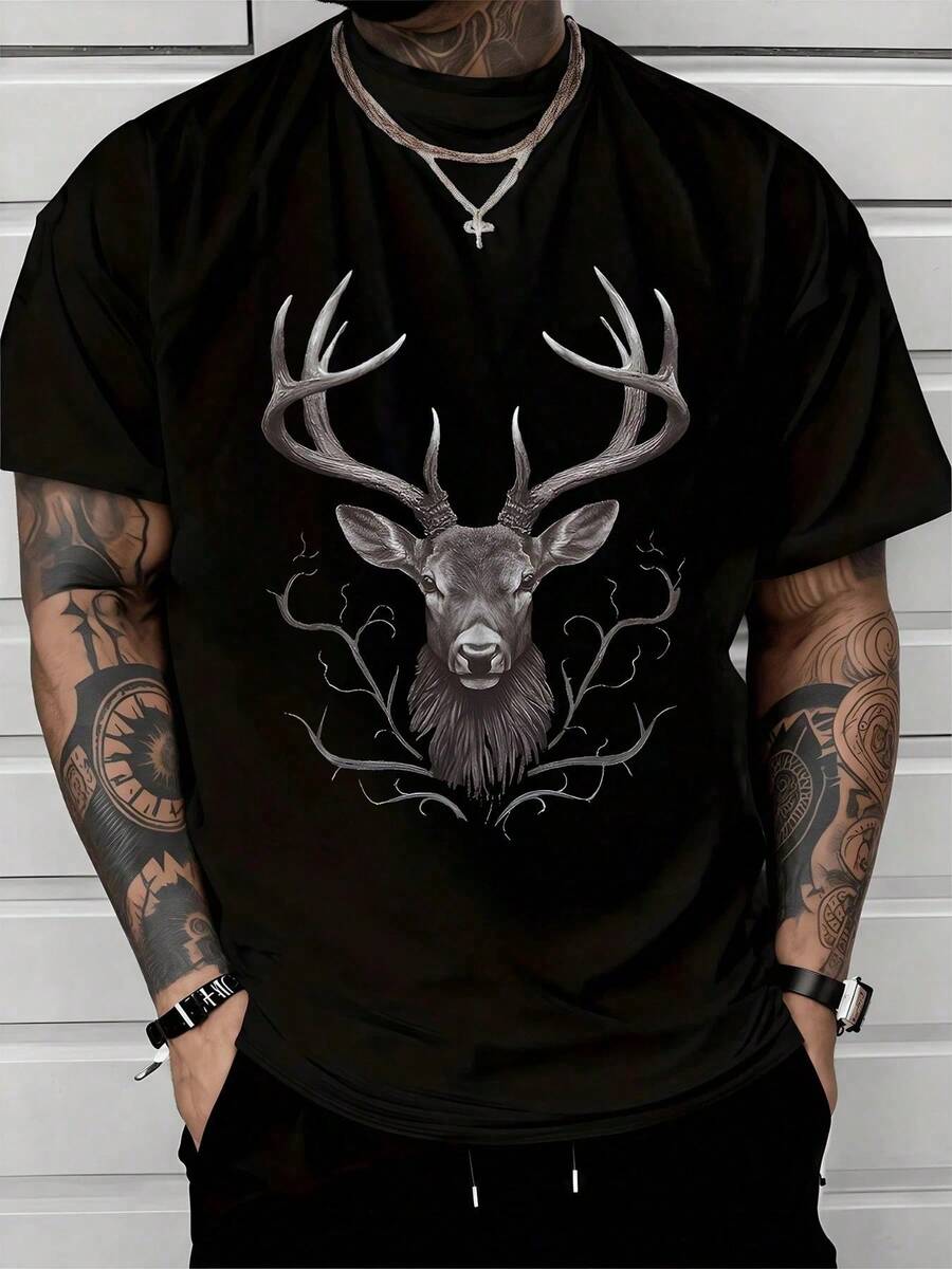 Cabeza de majestuoso ciervo con grandes astas que simbolizan fuerza nobleza y conexión con la naturaleza transmitiendo serenidad y poder interior camiseta de hombre 100% algodón 220g - Negro - Ver 1