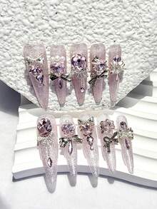 10pcs Pink Luxury Cat Eye Glitter Pointed Press-On Nail Tips, Sweet Cool 3D Diamond Pearl Removable Fake Nails, Girls Gift Nail Art Supplies (1pc Jelly Sticker + 1pc Nail File) Handmade Press On Nails - Pink - View 2