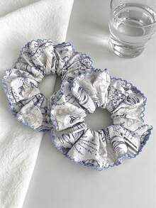 1pc Blue Ocean Print Square Scarf Scrunchie, Gentle & Sweet Versatile Hair Tie For Women - Multicolor - View 4