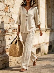 Women's Vintage V-Neck Button Front Linen 2 Pieces Set, Ruffle Sleeve Top With Wide Leg Pants, Plus Size Outfit Elegant - Apricot - View 5