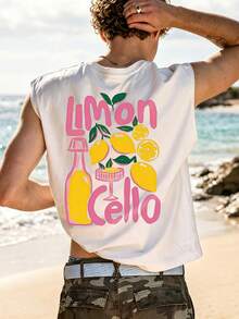 1pc Men's Summer Casual Lemon Print Round Neck Tank Top - White - View 2