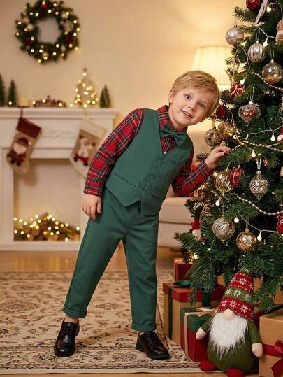 BOARNSEORL Young Boys 3-Piece Gentleman Suit Set, Long Sleeve Shirt With Bow Tie, Green Pants And Vest, Fashionable Style, Suitable For Outdoor Birthday Party, 1st Birthday Celebration, Christmas Party