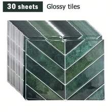 shiny home 3D Dark Green Peel & Stick Tile Backsplash Panels, Self-Adhesive Wall Splashbacks For Kitchen & Bathroom, Size 11.4" X 9", 10 Sheets / 30 Sheets Available - Dark Green Diagonal Stripe - View 8