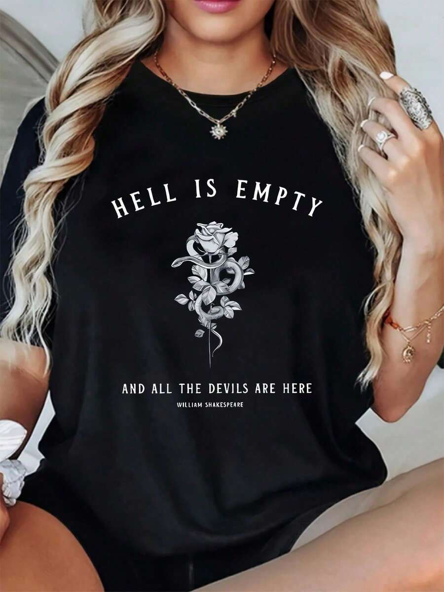 Soft Cotton Summer T-Shirt, Summer Tops, Women's Cotton T-Shirt With Graphic Print Phrase "Hell Is Empty Snake Rose", Dark Academy Gothic Style, Round Neck Hol - 黑色 - 查看 1