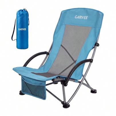 Thaookte Strandstuhl Klappbar Niedrig, Leichter Campingstuhl Mit Hoher Rückenlehne, Breiter Sitzfläche, Armlehnenpolster, Getränkehalter Und Tasche, Tragbar Für Strand, Festival, Picknick, Garten