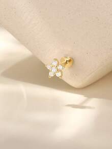 1pc 925 Sterling Silver Small Flower Zirconia Nose Stud, Flat Back, Hypoallergenic, Piercing Jewelry, Nose Ring, Ear Stud, Unisex, Daily Casual Wear - Gold - View 2