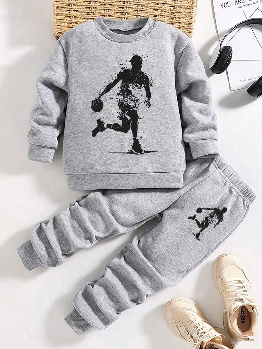 Boys' Basketball Graphic Print Warm Crew Neck Sweatshirt And Sweatpants - Grey - View 1