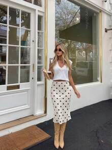 Polka Dot Print Dogtooth Frill Trim Double Layer Mesh Skirt, Fashion Casual Versatile - Apricot - View 5