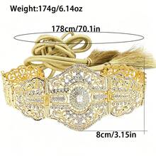 1pc Women Statement Wide Gold Color Waist Belt, Hollow Carved Metal Filigree With Rhinestone, Tassel Drawstring Waistband Accessory For Kaftan - Metal Belt - View 4