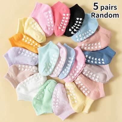 10 Pairs Random Solid Color Heart Pattern Dot Glue Baby Socks