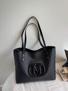 Bolso Tote de Mujer Estilo Europeo y Americano para el Trabajo, Bolso de Hombro de Moda, Bolso de Mano de Gran Capacidad con Estampado Vintage Minimalista - Negro - Ver 7