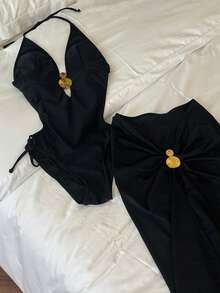 女款優雅度假連身泳衣，胸前飾有金屬環，附側綁帶圍裙，適合海灘假期夏季黑色 - 黑色 - 查看 10