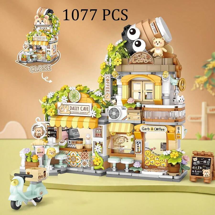 Mini City Street Scene Building Set, MOC Creative Building Toy, Realistic Architecture Construction Toy, DIY Building Model Blocks Toy, Room Decor, Perfect Birthday And Christmas Gift, 850+ Pieces