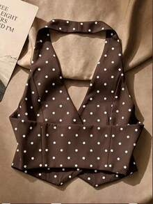 Women's Summer Casual Polka Dot Print Backless Halter Top - Coffee Brown - View 2