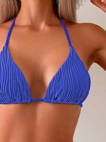 Women's Solid Color Special Wave Texture Fabric Triangle Back Bikini 2 Pieces Set Summer - Royal Blue - View 2