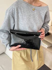 Fashion Solid Color Handbag, Large Capacity Flap Magnetic Closure Small Square Bag, Crocodile Embossed Women's Bag - Black - View 2