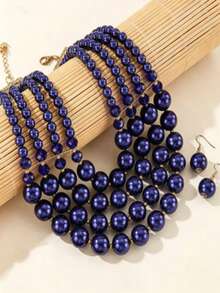 Exaggerated Multi-Layer Catkin Handmade Beaded Faux Pearl Necklace, Vintage Boho Style Necklace, Earrings, Suitable For Casual, Friends, Parties - Royal Blue - View 4