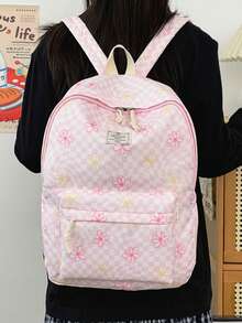 Mochila versátil de moda para mujer con bloques de color y estampado floral, doble correa, combinación de mochila y bolso escolar para estudiantes - Rosa - Ver 4