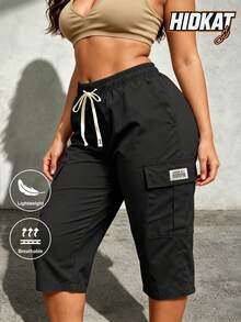 Hidkat Women's Capris Cargo 3/4 Pants With Drawstring Waist And Large Pockets, Solid Color, Suitable For Daily Casual Outdoor Streetwear - Black - View 2