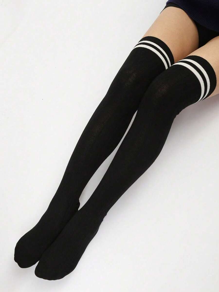 1/10/20 Pairs Women's All-Season Solid Color Minimalist Versatile Comfortable Personalized Two-Stripe Over-The-Knee Socks - Black and White - View 1