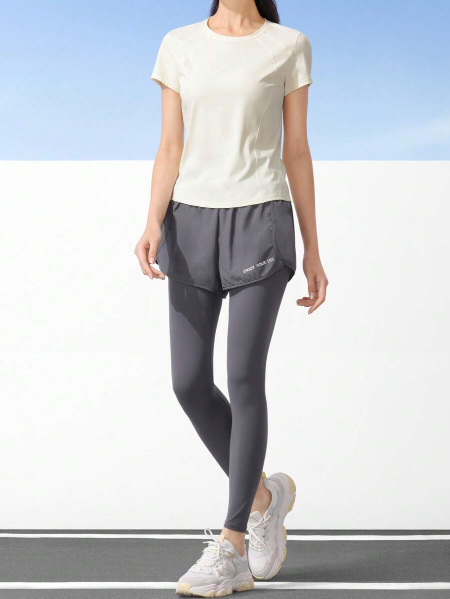 CAMEL CROWN Women's Yoga Suit Set For Summer Running Casual Breathable Sportswear Slim Fit Quick-Drying Training Fitness Pilates - Pale Moon Yellow Graphite Gray - View 1