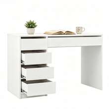 Single Unit Minimalist White Work Desk Featuring 4 Side Storage Drawers & Wide Keyboard Drawer, 120cm Large Surface Space Saving Computer Station, Ideal For Student Study, Bedroom Makeup Vanity, Home Office Writing Table, Household Workbench - Desk - View 6