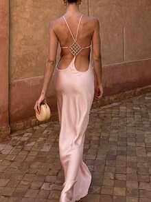 DOUCIU Vestido Maxi de Estilo Francés unicolor Espalda Descubierta Sexy Cuello Halter, Adecuado para Vacaciones en la Playa - Rosa - Ver 3