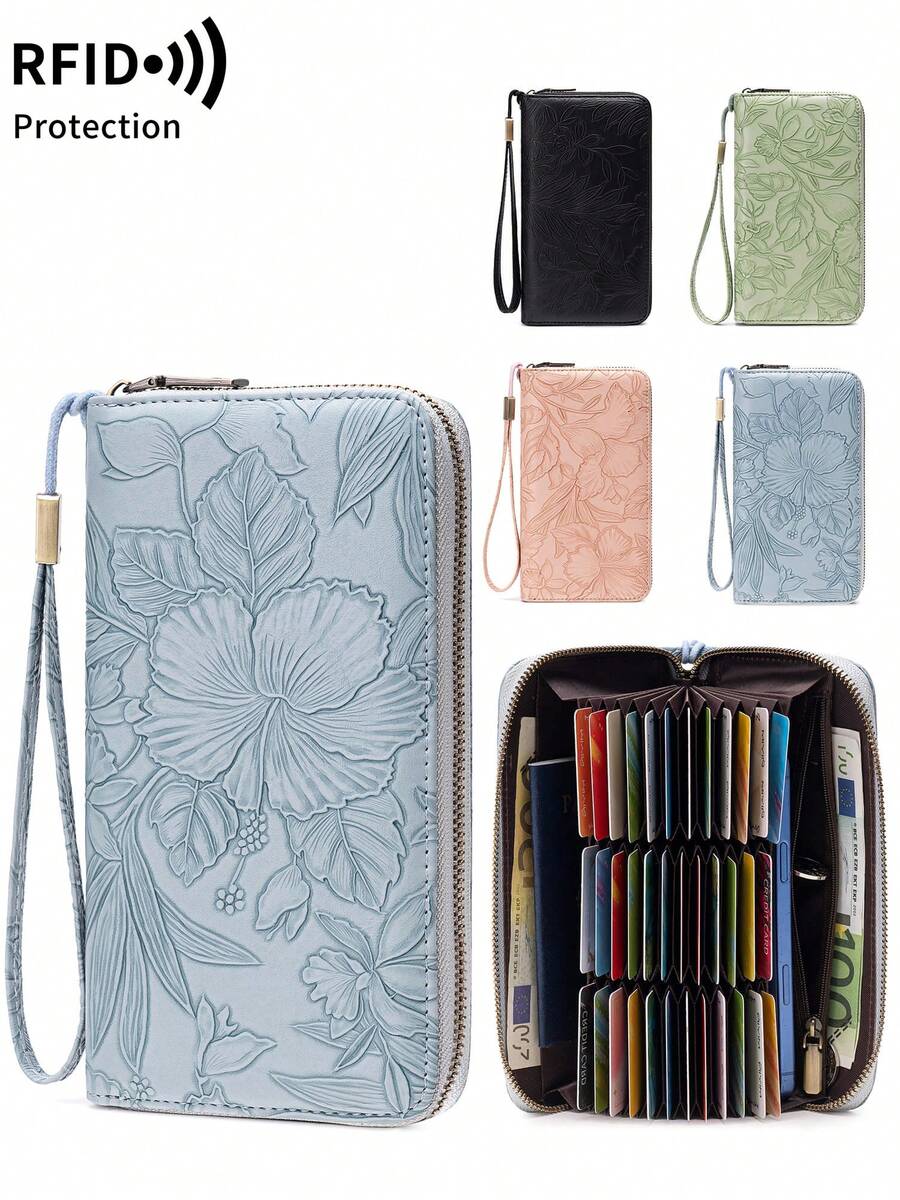 FOREVER MIYIN Fashionable Large Capacity Long Wallet For Women, Embossed Floral, Multi-Card Slots With Wrist Strap Zipper Wallet, RFID Anti-Theft Minimalist Clutch, Suitable For Daily Use, Business Commute, Shopping, Travel