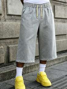 Loose Baggy Pants For Men, Heather Gray Cropped Sweat Pants With Dual Drawstring Waist, Casual 7 Inch Knee Length Pants For Men Daily Outfit Sports - Grey - View 2