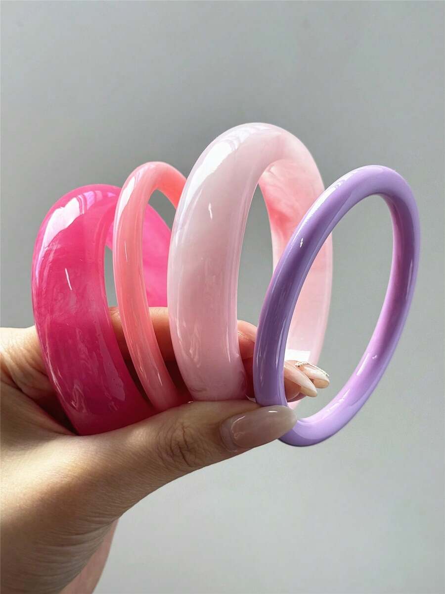 4件組極簡風粉色與紫色樹脂手鍊套組,女性專用個性化浪漫夏季手鍊 - 彩色 - 查看 1