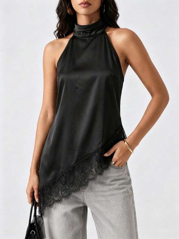 Top sin mangas de tela tejida negra para mujer, con dobladillo asimétrico, diseño sin espalda, decorado con detalles de encaje, de largo regular para verano