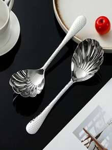 1pc/2pcs High Quality Multi-Functional Stainless Steel Hammered Shell Spoon, Portable Home Hotel Buffet Serving Spoon, Food Serving Spoon, Long Handle Large Public Spoon, Soup Spoon, Service Spoon, Creative Gift Suitable For Kitchen, Restaurant, Camping And Picnic Use - View 1