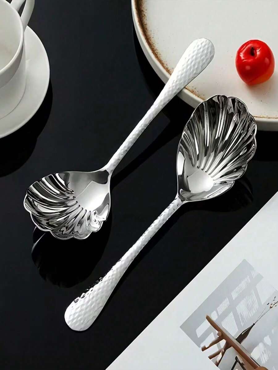 1pc/2pcs High Quality Multi-Functional Stainless Steel Hammered Shell Spoon, Portable Home Hotel Buffet Serving Spoon, Food Serving Spoon, Long Handle Large Public Spoon, Soup Spoon, Service Spoon, Creative Gift Suitable For Kitchen, Restaurant, Camping And Picnic Use - View 1