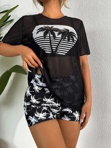 Conjunto de tankini de verano para mujer con parte superior e inferior, estampado de palmeras, informal, y cubre con parte super - blancoynegro - Ver 8