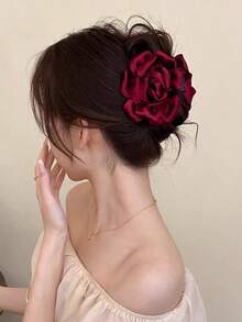 1件女款甜美優雅布藝花卉髮夾，適合日常佩戴與度假 - 紅色 - 查看 5