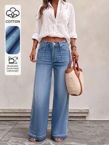 Button Detail Straight Leg Jeans, Mid-Stretch Long Casual Style Suitable For Multiple Occasions - Light Wash - View 2