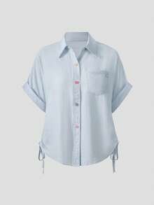Summer New Design Cinched Waist Turndown Collar Blouse - Light Blue - View 2
