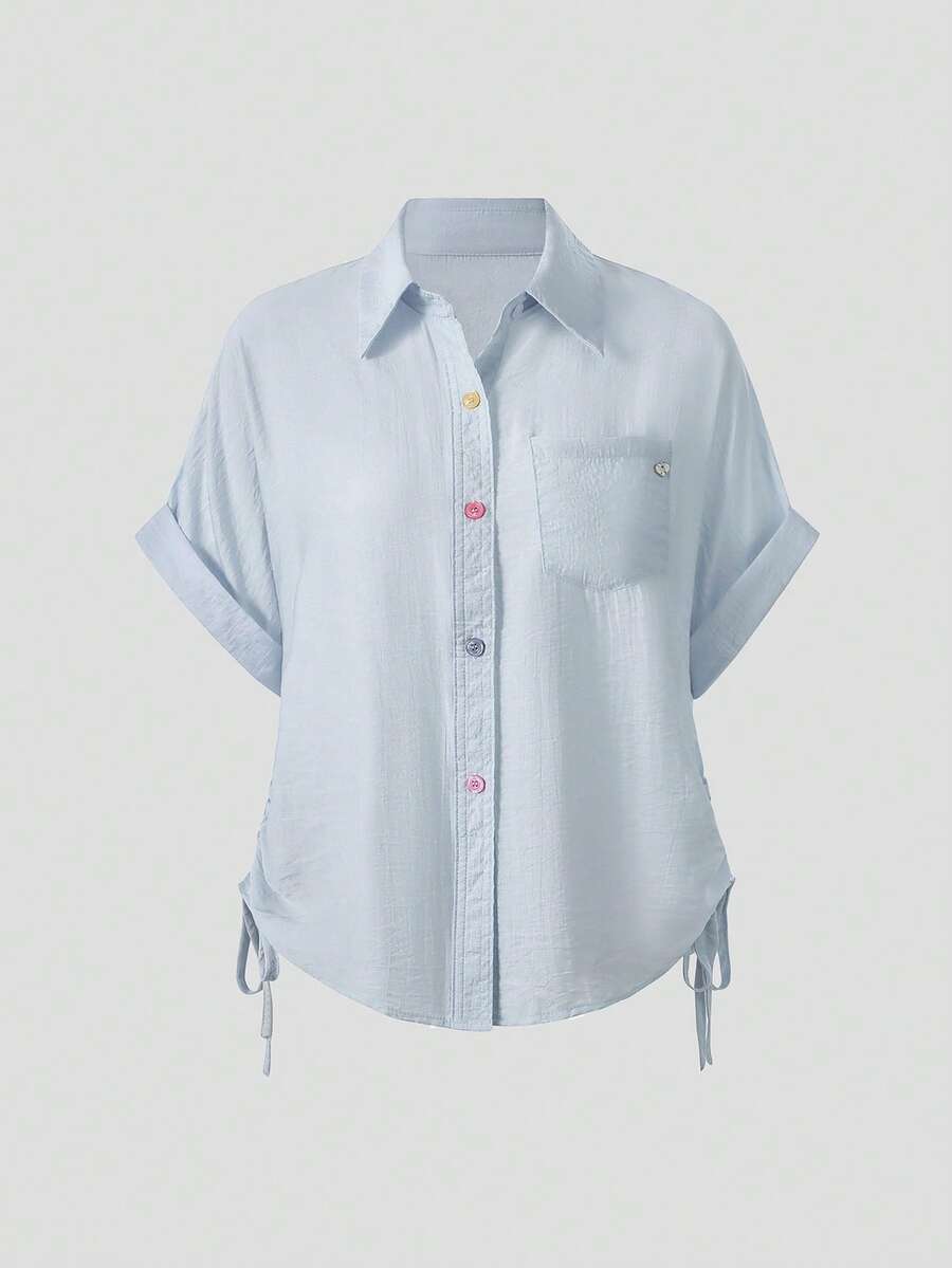 Summer New Design Cinched Waist Turndown Collar Blouse