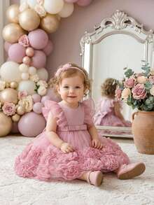 Baby Girls Solid Color Floral Mesh Satin Cute Birthday Princess Dress, Headband Not Included - Dusty Pink - View 2