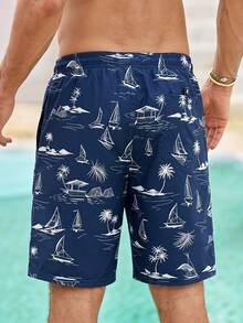 Mercer Haus Men's Swim Trunks, Loose Fit With Drawstring Waist, Rose Flower And "Love Rose For You" Text Design, Side Pockets Beach Shorts - Blue - View 2