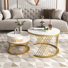 2-In-1 Round Coffee Table Made Of MDF, Side Table With Marble Tabletop And Plastic Rattan Drawers, Solid Wood Handles. Gold Iron Legs. 70 X 70 X 45.5 + 50 X 50 X 38.5 Cm - 白色 - 查看 1