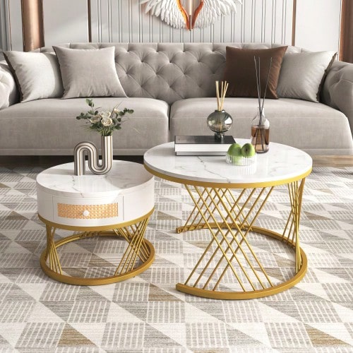 2-In-1 Round Coffee Table Made Of MDF, Side Table With Marble Tabletop And Plastic Rattan Drawers, Solid Wood Handles. Gold Iron Legs. 70 X 70 X 45.5 + 50 X 50 X 38.5 Cm - 白色 - 查看 1