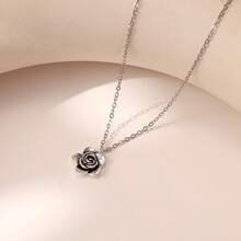 1pc Vintage Silver Rose Flower Pendant Necklace, Retro Hollow Floral Collarbone Chain, Elegant Gothic Jewelry Gift For Women Daily Party Wear - Flower Pendant Necklace - View 7