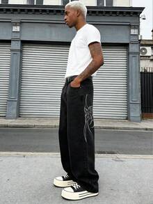 Men's Fashion Street Hip-Hop Vintage Embroidered Straight Leg Loose Wide Leg Denim Jeans Casual Long Pants - Black - View 4