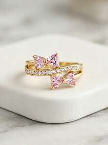 1pc Sweet Romantic Pink Sparkling Cubic Zirconia Double Bow Double Layer Cross Ring, Women's Daily Commute Date Wear Jewelry Gift - Gold - View 2