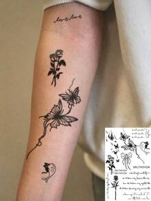 1 Sheet Men's Mixed Black Line Temporary Tattoo Stickers, Butterfly Rose Bow Kitten Inspirational Cursive Quote Waterproof Small Body Stickers For Wrist Finger Neck Rib Decor - Black - View 1