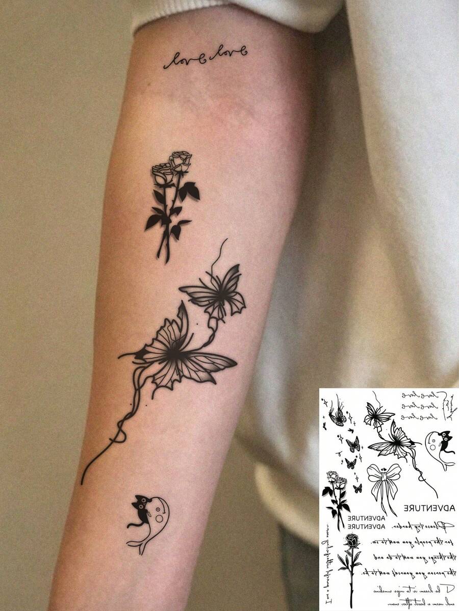 1 Sheet Men's Mixed Black Line Temporary Tattoo Stickers, Butterfly Rose Bow Kitten Inspirational Cursive Quote Waterproof Small Body Stickers For Wrist Finger Neck Rib Decor - Black - View 1