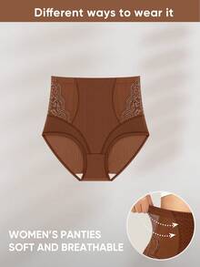 Women's Plus Size High Waist Shaping Panties, Solid Color, Tummy Control, Seamless, Slimming, Shaping, Breathable - Brown - View 5